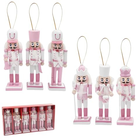 6pcs Wooden Nutcracker Ornaments, 12cm Mini Pink Puppet, Painted Hanging Pine Wood Christmas Soldier Doll Pendant for Classic Traditional Tree Party Decoration