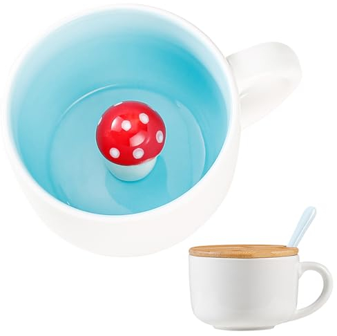 BigNoseDeer Tasse mit 3D-Pilz im Inneren, Keramik-Kaffeetassen, niedliche Geschenke, Geburtstagsgeschenke, 385 ml