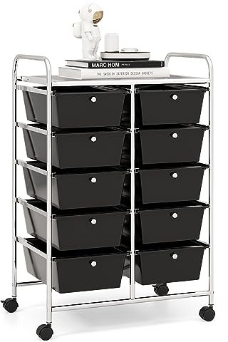 GOPLUS Rollwagen mit 10 Schubladen stapelbar, Rollcontainer mit Ablage & Metallgestell, Badregal, Aufbewahrungswagen, für Büro, Zuhause (Schwarz)