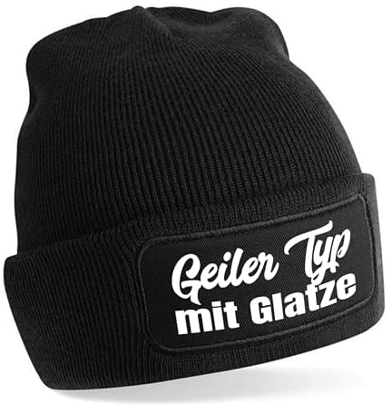 Herzbotschaft Beanie Strickmütze mit Spruch | Geiler Typ mit Glatze | schwarz | Unisex SoftTouch angenehm weiche und warme Wintermütze | OneSize Einheitsgröße für Erwachsene