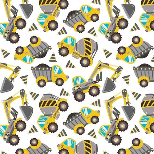 Textrend Baumwollstoff Meterware - Stoff zum Nähen - 100% Baumwolle - Textilien 1x1.6m - Kinderstoffe - Fahrzeuge (Bagger und Betonmischer grau und gelb auf weißem Hintergrund)
