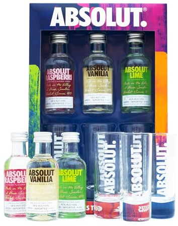 Absolut Vodka Gift Set - Flavoured Vodka, 3x 5cl Vanilla Vodka, Raspberry Vodka, Lime Vodka Alcohol Miniatures, x 3 Mini Vodka Shots Glass, Alcohol Gift Set - Birthday Vodka Gifts for Men and Women