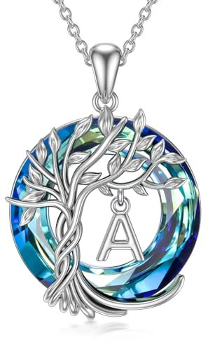 TOUPOP Tree of Life Gifts Initial Letter A Necklace 925 Sterling Silver Tree of Life Pendant Necklace Blue Crystal Family Irish Jewellery Anniversary Christmas Birthday Gifts for Women Daughter Lady