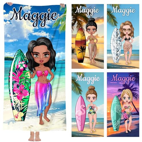 papasgix Personalisiert Strandtuch Microfaser Badetuch mit Namen Damen Herren, Dress-Up Beach Towel Schnelltrocknendes Handtuch Kinder Stranddecke für Reise Fitness(90x180cm Mikrofaser Bunt Damen)