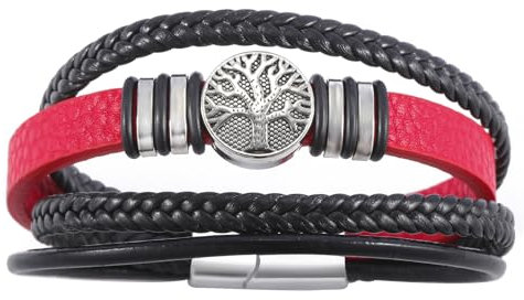 Dreamtimes Yggdrasil Welt Baum des Lebens Armband Herren Lederarmband Mehrschichtige geflochtene religiöse Herren Manschette Armbänder Legierung Wikinger Manschette Armreif für Frauen (Rot)