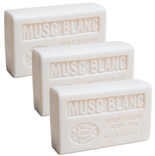 Label Provence Nature Savon de Marseille – pflegende französische Seife aus reinem Bio-Olivenöl und Sheabutter – Duft weißer Moschus – 125 g Riegel – 3er-Set