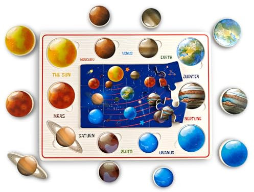 Wooden Solar System Puzzle Toys for Toddlers, Montessori Toys for 3 4 5 6 Year Old Boys Girls, Learning Educational Space Toys for Toddler, Planet Toys Birthday Gifts for 3+ year old girls Boys