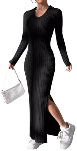 Women's Knit Bodycon Long Dress Elegant Long Sleeve Lapel Collar Split Sweater Dress Fall Winter Going Out Dress Streetwear (A-Black, M)