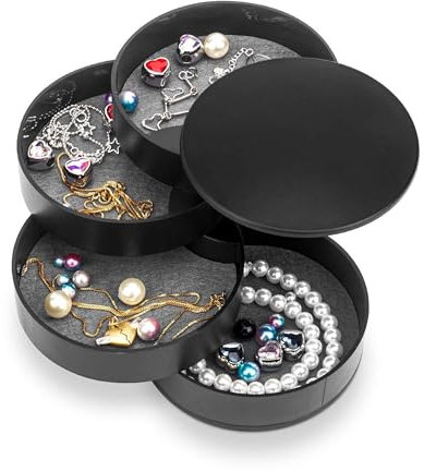 Lunyloer Runde Form SchmuckkäStchen, 4 Ebenen Drehbar Schmuckschatull, 10×10cm Schmuck Organizer, SchmuckkäStchen MäDchen für Ringe Ohrringe Halskette Mädchen (Schwarz)