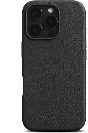 WOOLNUT Leather Case for iPhone 16 Pro - Black - Scandinavian Full-Grain Leather, Compatible with MagSafe, Slim TPU Sides, Soft Microfiber Lining, Raised Edges for Screen & Camera Protection
