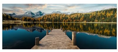 STYLER Glasbild Swiss Alps 50 x 125 cm I Calm Nature Kollektion I See Natur Steg Berge Alpen Wald I Wandbild aus Glas I Bild Wohnzimmer Esszimmer Schlafzimmer Küche I XXL groß Landschaft