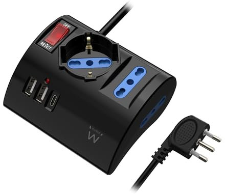 Ewent Multipresa da scrivania/tavolo con 3 Prese 10/16A e 2 porte USB-A e 1 porta USB-C, Interruttore ON/OFF, 3500W, Protezione da Sovraccarico,Spina IT10A e cavo da 2mt,Nera, 3 prese (2ITA/Schuko)