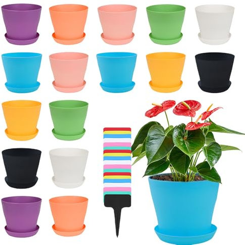 Vmxlso 16 Stück 10cm Blumentopf Plastik, Kleine Blumentopf mit Untersetzer, Runder Pflanztöpfe Kunststoff, Plastik Blumentopf Klein, Anzuchttöpfe Kunststoff für Home Büro Dekoration, Bunt