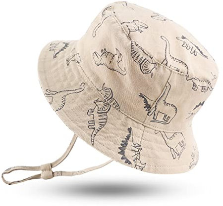 XIAOHAWANG Baby Sonnenmütze Jungen Sonnenhut UV Schutz Baby Mädchen Mütze Sommer Atmungsaktiv Kinder Fischerhut Mit Mesh-Futter(Khaki Dinosaurier, 50CM(1 à 2 an))