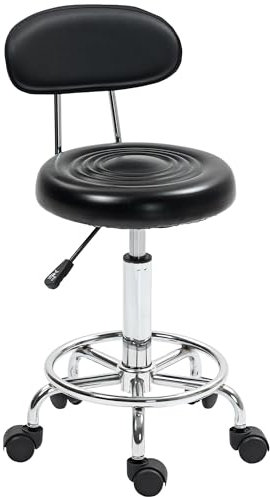 HOMCOM Rollhocker höhenverstellbar Drehhocker Drehbar Salon Hocker mit Lehne, Rädern, Arbeitshocker mit Verstellbarer Fußstütze für Büro, Kunstleder, 32 x 40 x 70-86 cm, Schwarz