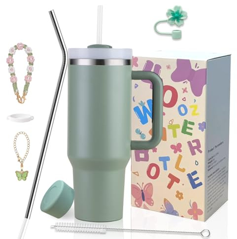 Sanilinwild 40 oz Tumbler Insulated Mug w/Straw & Flip Cap Lids - Cup Holder Bottle mit 6 Accessoires Set für heiße, kalte Getränke - Auslaufsicher - Wasser, Kaffee Portable Travel Mug (Agave)
