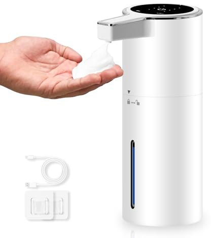 HMJIA Seifenspender Automatisch 4-stufige Mengenregulierung IPX5 Wasserdichter Batteriebetriebener 400ml Seifenspender mit Sensor für Küche und Bad mit Wandbefestigungszubehör (Weiß Schaum)