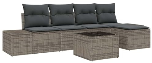 vidaXL 5-teiliges Garten-Sofa-Set mit Kissen in Grau aus Poly-Rattan. Perfekt für Erwachsene und ideal für Terrassen und Balkone. Moderne, modulare Möbel für Deine Außenbereiche.