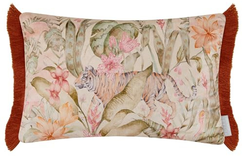 Voyage Maison Tropical Utopia Lotus Feather Filled Cushion – Jungle Watercolour Printed Velvet Exotic Wildlife Fringed Trim Decor (Multicolour - 40x60cm)
