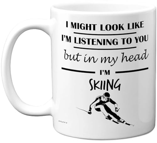 Stuff4 Skiing, in My Head Mug White Handle | Funny Gift for Skiing Lover Women and Men, 11oz Premium Ceramic Dishwasher Safe Mugs Novelty Cup