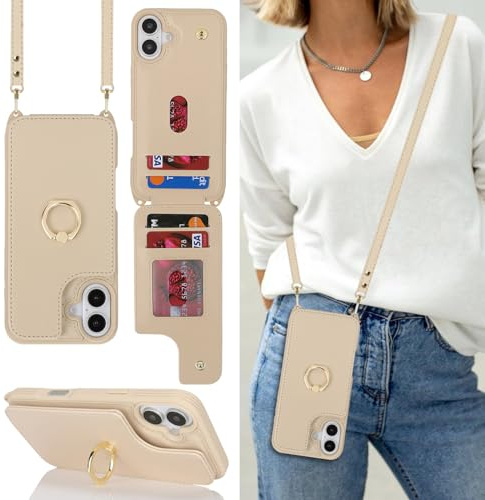 Cavor Phone Case Compatible with iPhone 16 Case With Card Holder With Strap,Flip Leather Wallet Case with Lanyard,Ring Kickstand Shockproof Cover Case for iPhone 16 - Cream