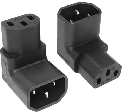 Leloco 2 Stücke Kaltgerätestecker Gewinkelt – IEC C14 Stecker auf C13 Buchse, 90° Nach Unten Abgewinkelt, Netzkabel 3-polig 250V 10A, Geeignet für PDU, Computer, HDTV, Server und Monitor