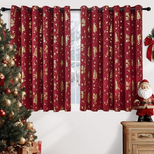 PONY DANCE Red Christmas Curtains Gold Foil Eyelet 90x72 Inch, 2 Panels
