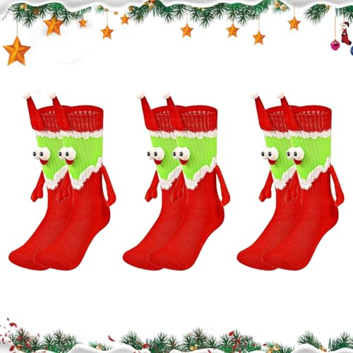 3 Paar Weihnachtssocken mit mag-netarmen, Hand in Hand Socken, Lustige mag-netische Weihnachten Socken, mag-netische Weihnachtssocken, Lustige Freundschaftssocken, Geschenk für Paare Familie