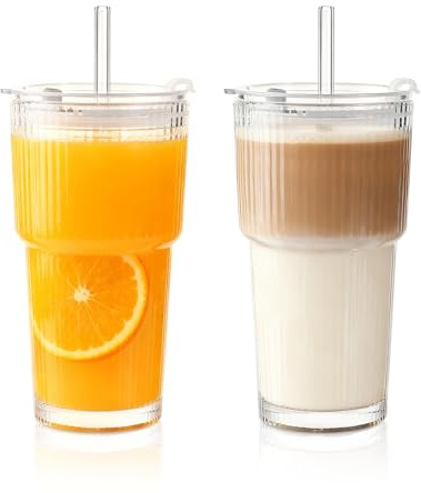 LOOFORE Iced Coffee Glass Cup with Straw and Lid 600ml 20oz - 2 Pack | Glass Tumbler, Clear Reusable Leakproof Drinking Glasses for Smoothies, Latte, Matcha, Beer, Cola, Juice, Soda, Cold Drinks