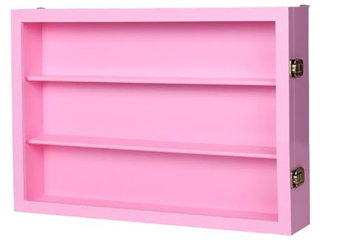 TidyWood Vitrine for Minifiguren, Abschließbarer Wandvitrine Mit Durchsichtiger Acryltür, 6-stöckige Holzregale for Sammler-Spielfiguren, Staubdichte Vitrine for Erinnerungsstücke(Pink,34cm)