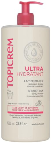 Topicrem - Ultra Hydratant Lait de Douche - Nettoie en Douceur, Hydrate la Peau - Visage et Corps - Texture Fondante, Parfum Relaxant, Peaux Sensibles, Normales à Sèches - Fabrication Française - 1L