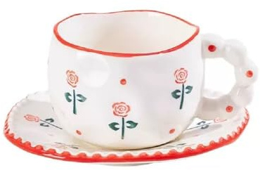 TÜDAZWKA Blumenmuster Kaffeetasse Set unregelmäßige Blumentasse mit Untertasse Porzellan Cappuccinotasse mit Henkel handgemacht Espressotasse für Party Küche Café Bankett (Rot-Rose)