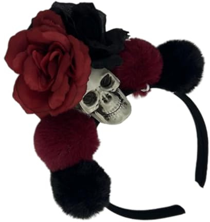 DIKACA Halloween Stirnband Totenkopf mit Roten Rosen Haarband aus Stoff für Damen Haarschmuck für Halloween Party und Cosplay