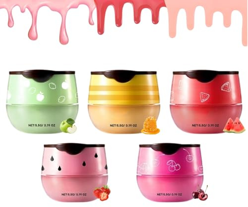 Lippenbalsam Set 5er Pack,Frucht Lippenbalsem mit Honig,Feuchtigkeitsspendende Lippenmaske für Trockene Lippen,Lippenpflege mit Erdbeere Grüne Äpfel Kirschen Wassermelone,Geschenkset für Tag und Nacht