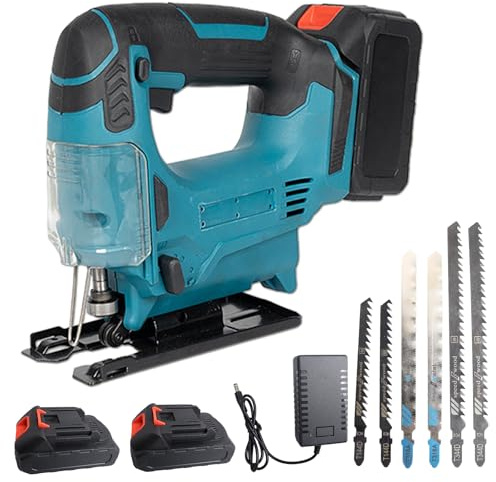 JIMACRO 3 Vitesses Scie Sauteuse Sans Fil avec 2 * 1500 mAh Batterie, Coupe Biseau ±45° Scie Sauteuse Pendulaire, 6 Lames, Scie-Sauteuse à Batteria Lithium-ion pour Bois Métaux (avec batterie)