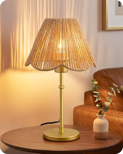 EDISHINE E27 Tischlampe, Papierseil-Schirm, Goldfarbener Metallsockel | 2700K Warmweiß, handgeflochtener Papierseil-Schirm, inklusive LED-Leuchtmittel, dekorativ für Schlafzimmer, Wohnzimmer