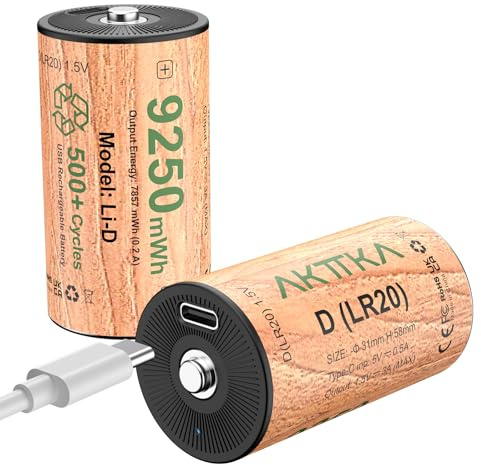 AKTTKA 2 Pack Rechargeable D Batteries, 1.5V Lithium LR20, 500+ Cycles | 9250mWh High Capacity • Alternative to Alkaline & NiMH D Batteries • True 1.5V Output • USB-C Charging • Smart Safety Chip