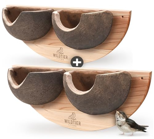 wildtier liebe Schwalbennest 2er Set – Doppelnest Nisthilfe für Mehlschwalben aus Massiv-Holz & Naturgetreuen Schlammerden I Schwalbennistkasten, Mehlschwalbennest unbehandelt, Schwalben Nistkasten