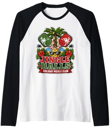 Deck Palms - Pickleball con Uccelli da Neve, Motivo Tropicale, Natalizio Maglia con Maniche Raglan