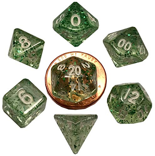 Green Ethereal Resin Dice with White Numbers 10mm (3/8in) 7-Dice Set Metallic Dice Games