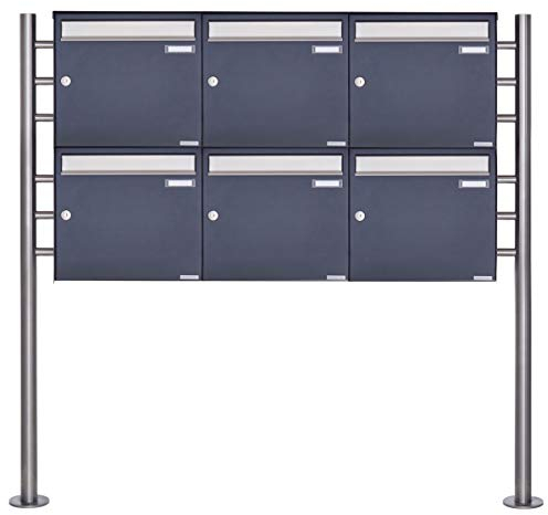 Standbriefkasten - Briefkastenanlage Design Basic 381 - Briefkasten Manufaktur Lippe (Edelstahl/RAL 7016 anthrazitgrau feinstruktur matt, 6 Briefkästen, waagerecht)