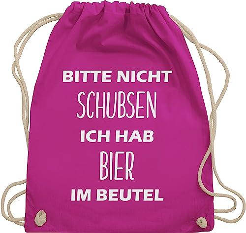 Turnbeutel Rucksack - Festival Zubehör - Bitte nicht schubsen ich hab Bier im Beutel - Unisize - Fuchsia - bierrucksack festival-bag geschenk weihnachten alkohol stoffbeutel biertasche
