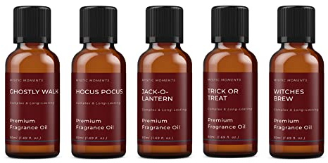 Mystic Moments | Halloween Fragrant Oil Gift Starter Pack 5x50ml | 5 Spooky Seasonal Fragrance Oils – Ghostly Walk, Hocus Pocus, Jack-O-Lantern, Trick or Treat & Witches Brew | Festive Home Scents