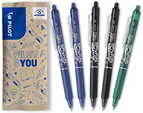PILOT FriXion Clicker 0.7 – 5 Stück – Farben 2x Blau/Schwarz, 1x Grün – Radierbarer, nachfüllbarer Gel-Tintenroller mit Druckmechanik und thermosensitiver Tinte, mittlere Spitze