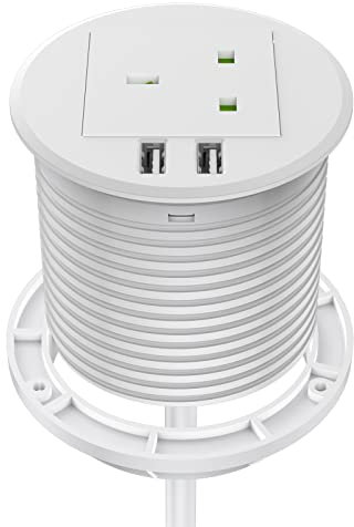 Desk Socket with USB, Haylink Desktop Power Grommet 80mm Cut-Out Hole In Desk Power with 1 UK Plug, Power Socket Extension Connect 6.56ft Extension Cord(White)