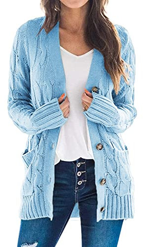Uusollecy Gilet Long Femme Hiver Chaud De Boutonnage Décontracté Grosse Maille avec Poche Gaufré Cardigan, Bleu, L