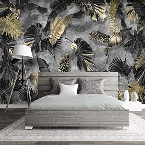 ZZXIAO Non-Woven Wallpaper Wallpaper Jungle Banana Leaf Black Gold 3D Photo Wallpaper Mural Motif Jungle B Non-Woven Silk 3D Wallpaper Paste Living Room The Wall for Bedroom Mural border-350cm×256cm