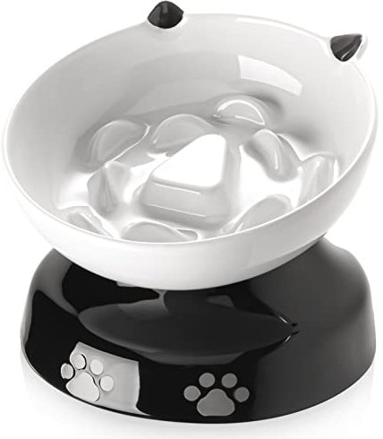 Y YHY Ceramic Cat Slow Feeder, Elevated Cat Food Bowl Tilted Design, Dog Slow Feeder Bowl no Black Chin, Cat Shape Slow Feeder for Dry and Wet Food-Black