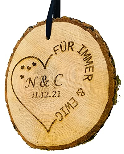 myduct - Baumscheibe mit Gravur - personalisierte Holzscheibe 16-20cm, Geschenkidee zum Hochzeitstag, naturbelassen, Dekoration, Wanddeko (Herz für immer & ewig)