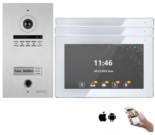 MATHFEL 2 Draht Bus WLAN Video Türsprechanlage mit Fingerprint, Gegensprechanlage Fischaugenkamera 170 Grad Aluminium Außenstation, 3x7'' Monitor weiß mit WLAN Schnittstelle